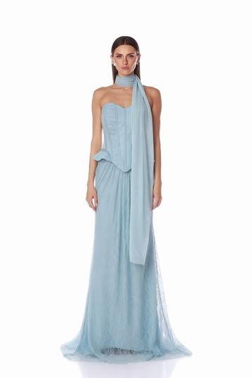 Abito da sera blu senza spalline con corsetto in pizzo